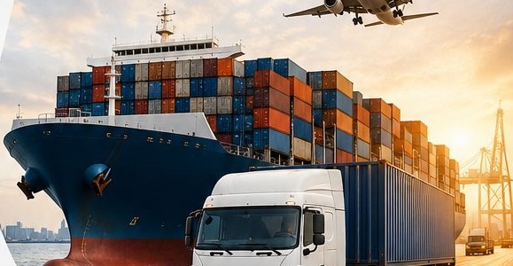Container ship and freight truck at a Dubai port at sunset