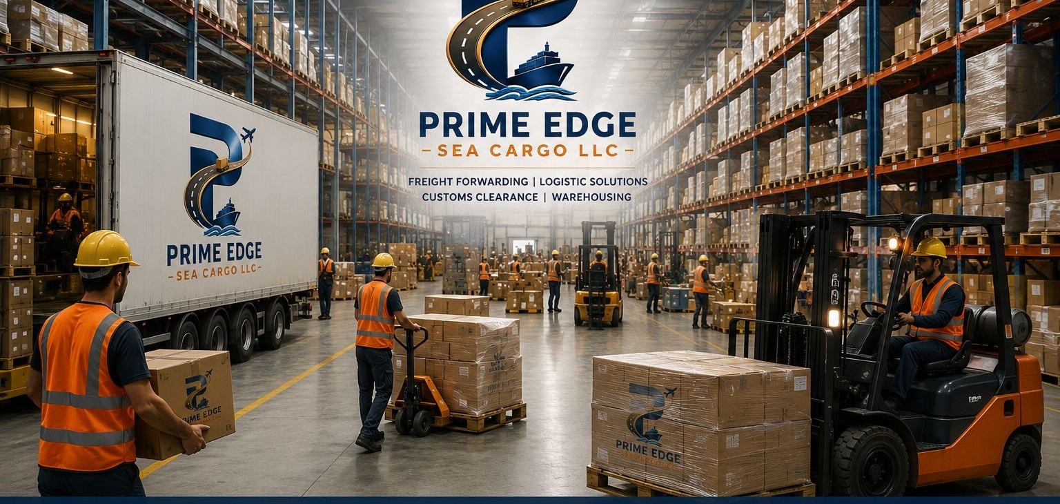 Prime Edge Sea Cargo warehouse staff and fleet loading pallets and containers